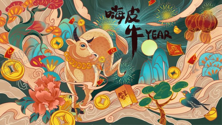编号：64278805120344029020【酷图网】源文件下载-2021牛年国潮插画
