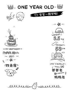 宝宝手绘生日简约迎宾牌