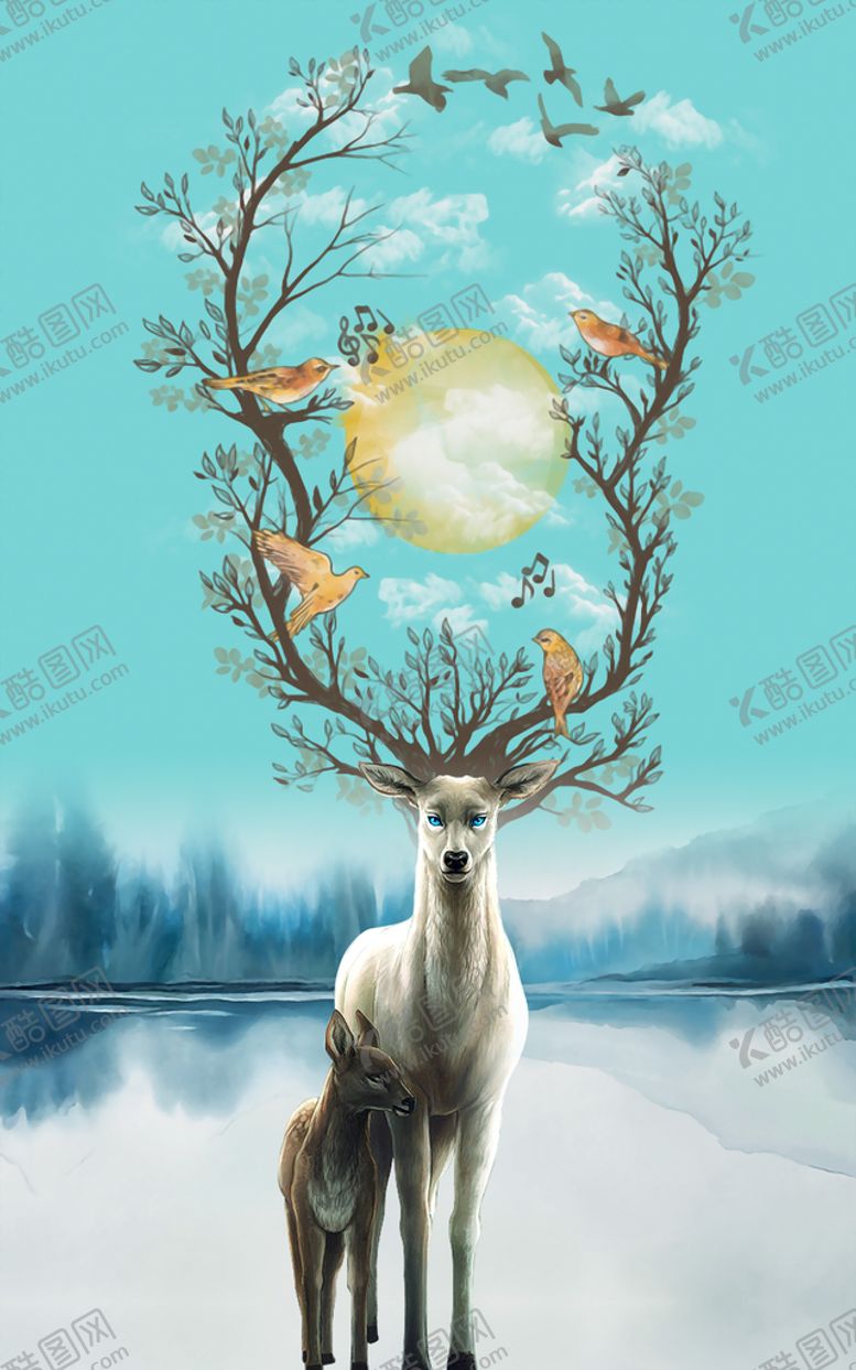 编号：14029810030347038516【酷图网】源文件下载-麋鹿说山水装饰画