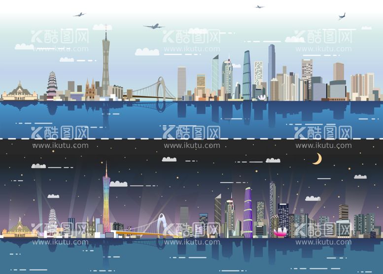 编号：42572012132225417722【酷图网】源文件下载-广州地标建筑插画白天夜晚对比