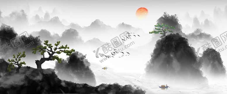 编号：50534707042356414958【酷图网】源文件下载-水墨山水复古唯美背景画