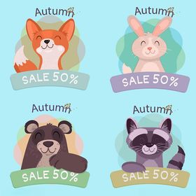 可爱动物促销标签插画