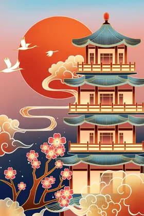 手绘花鸟山水风景画海报素材国潮广告国潮x展架故宫国潮