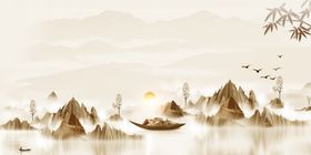 中国风背景山水画小清新书法展板古