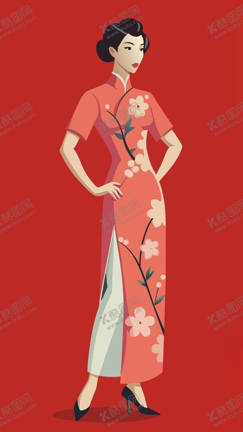 编号：24121712111149177383【酷图网】源文件下载-穿桃花花纹的国风旗袍美女