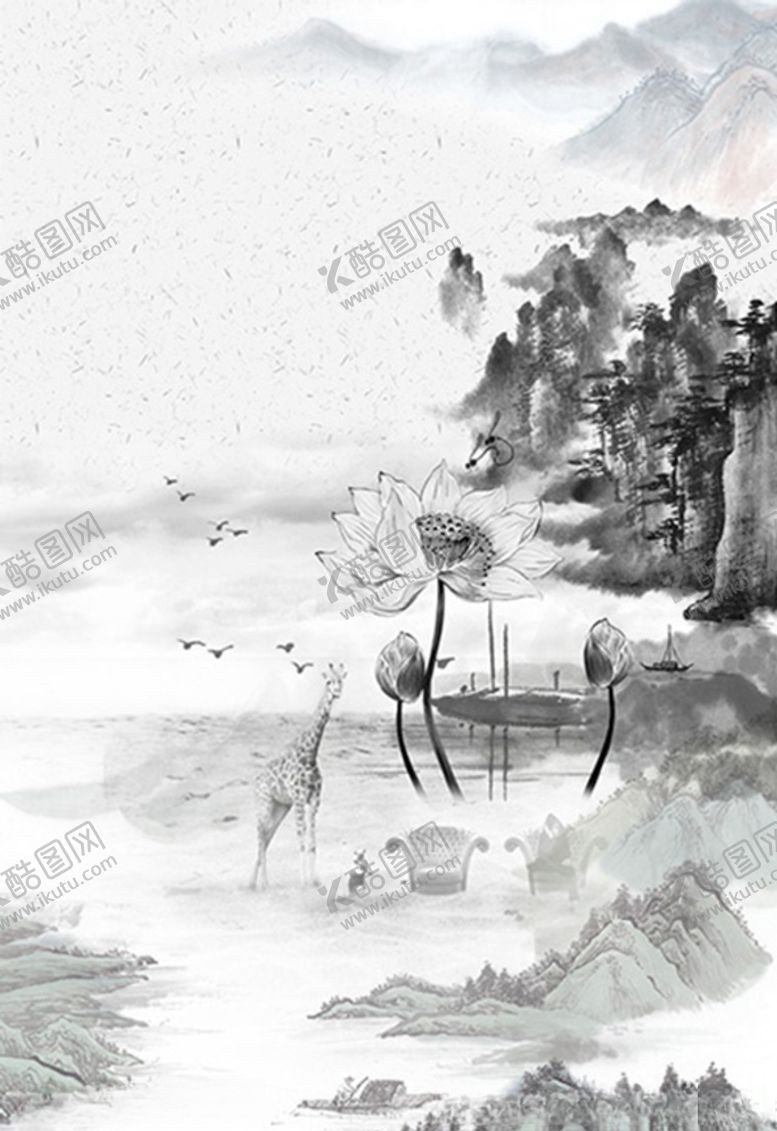 编号：33909806281432311183【酷图网】源文件下载-数码印花灰色底荷花鹿山