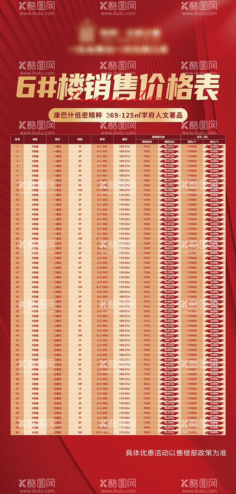 编号：62256211220035233970【酷图网】源文件下载-地产销控价格表