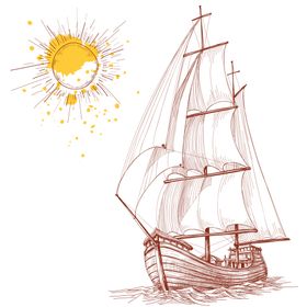帆船太阳线稿草图背景素材