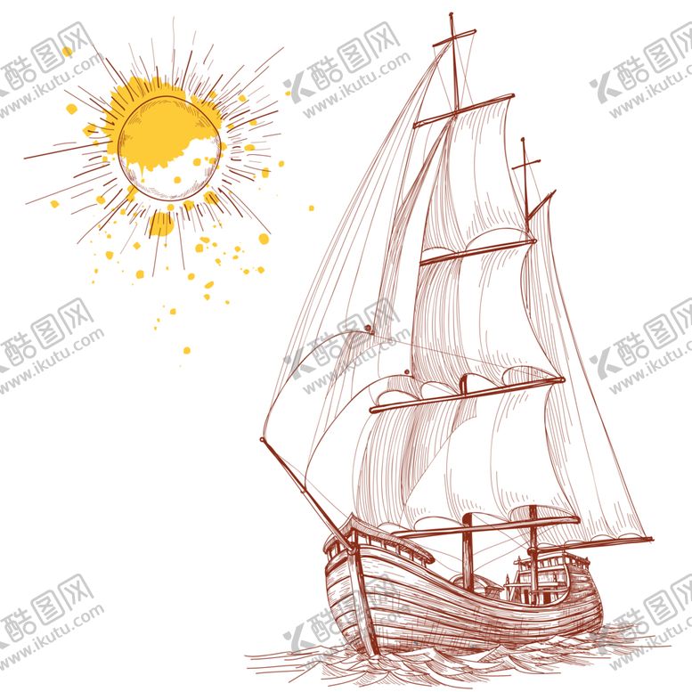 编号：20646206160303231338【酷图网】源文件下载-帆船太阳线稿草图背景素材