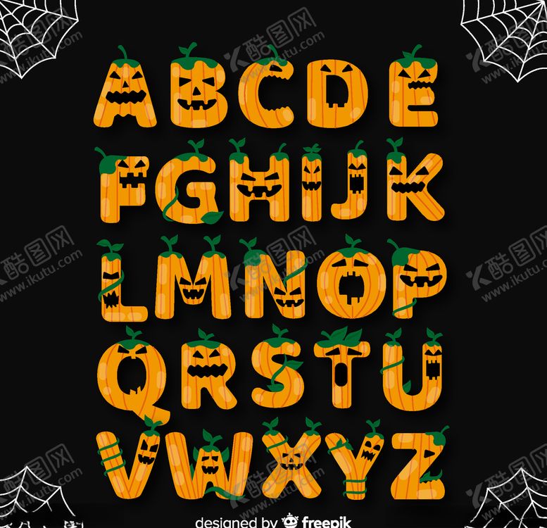 编号：99913709082305083498【酷图网】源文件下载-26款创意万圣南瓜头字母矢量图