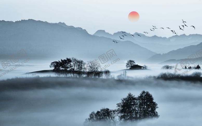 编号：88615210070243002468【酷图网】源文件下载-水墨山水大雁太阳背景墙