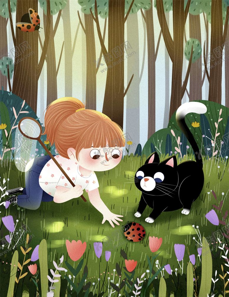 编号：71740610010724263547【酷图网】源文件下载-手绘草地上的黑猫和女孩插画图片