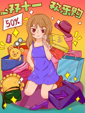 双十一购物人物插画