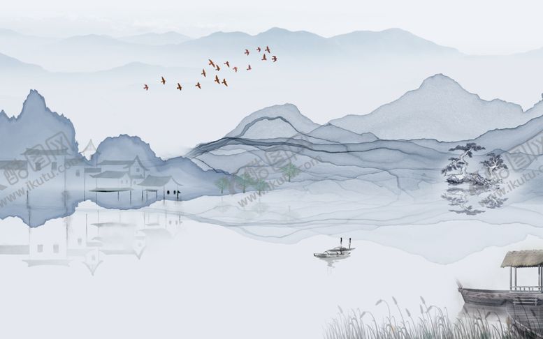 编号：37981209271542076466【酷图网】源文件下载-水墨蓝色飞鸟山水画