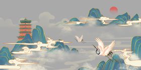 中式山水间白鹤翱翔图