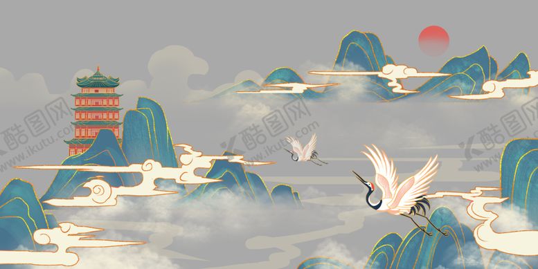 编号：94255704040719069707【酷图网】源文件下载-中式山水间白鹤翱翔图