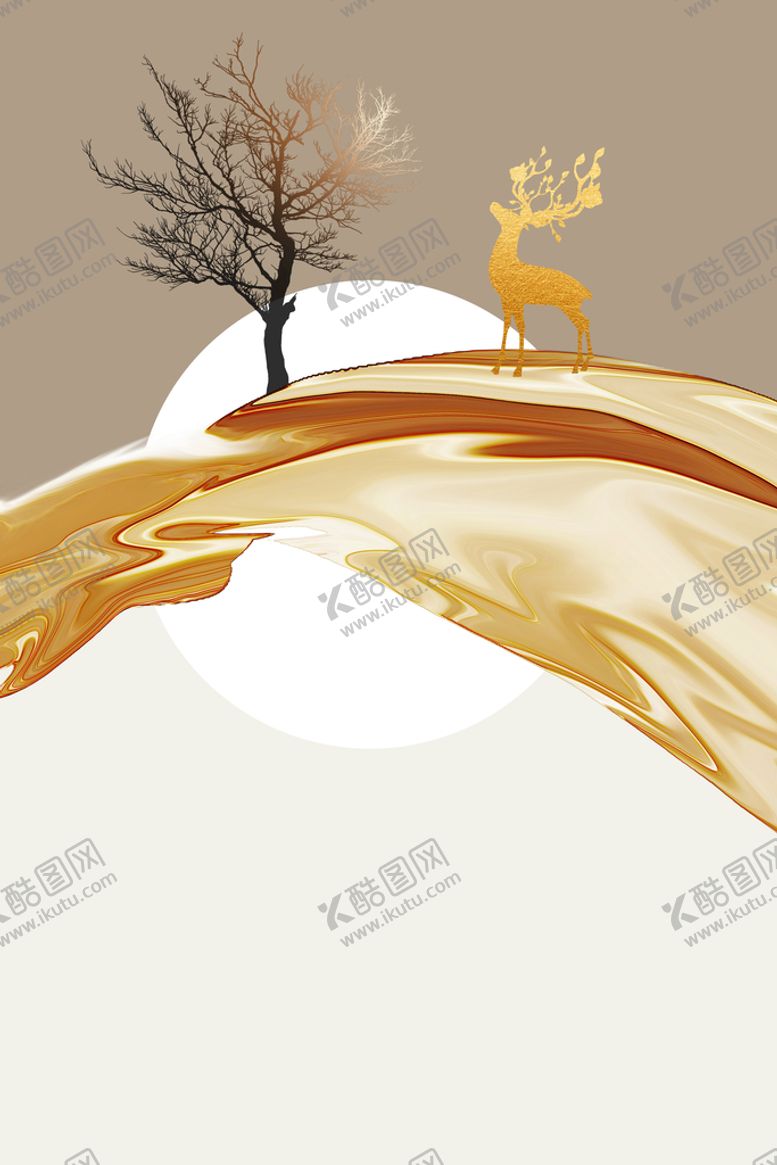 编号：90957611022149454326【酷图网】源文件下载-金色麋鹿发财树装饰画