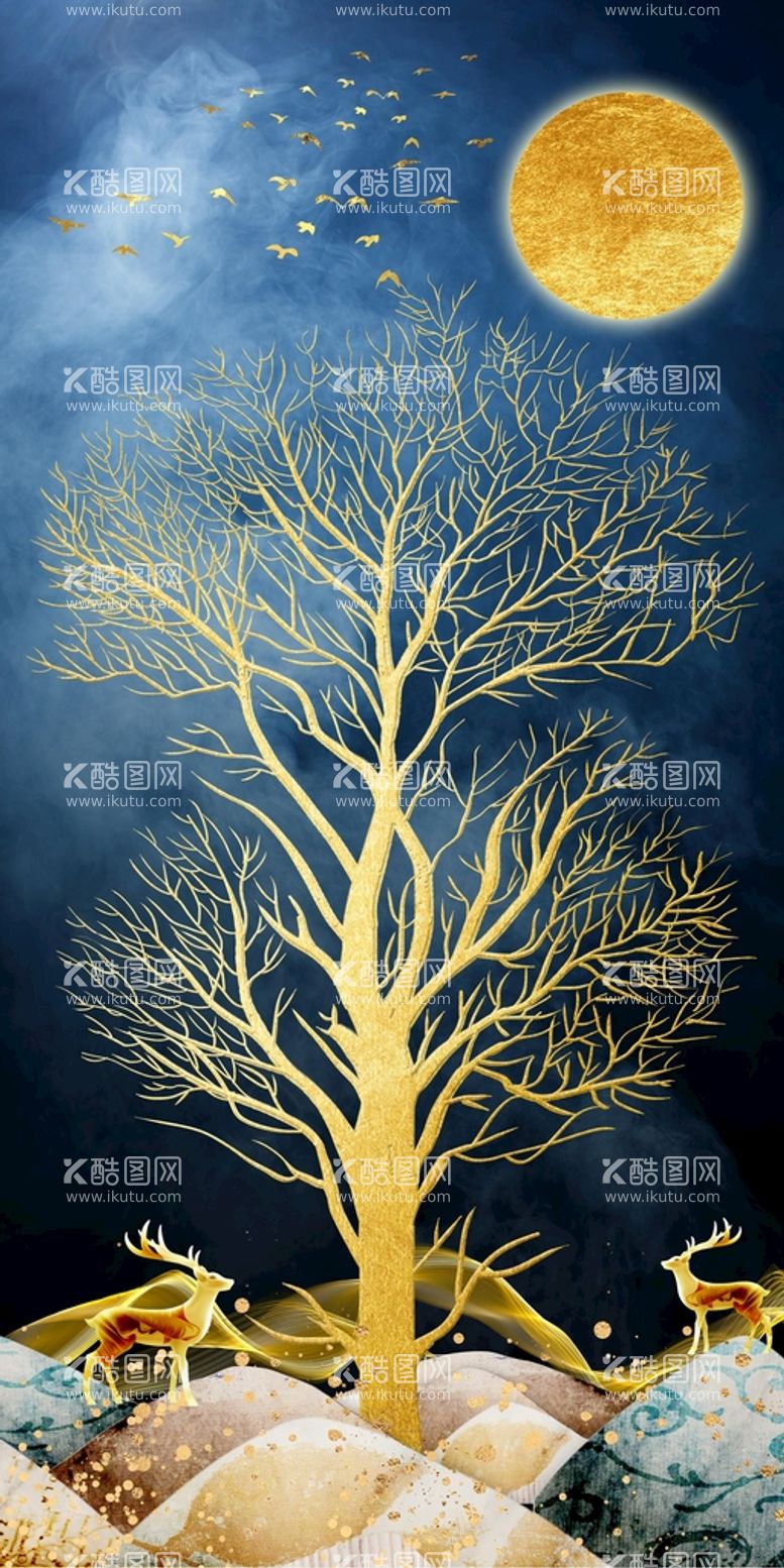 编号：63150111150424516897【酷图网】源文件下载-金色麋鹿意境山水装饰画