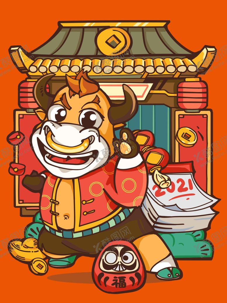 2021牛年国潮插画吉祥海报金元宝卡通