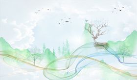 水墨画树飘带背景墙