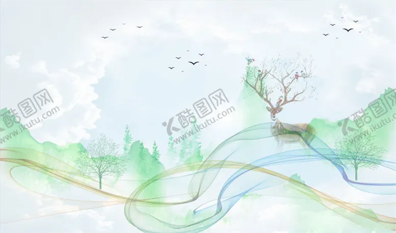编号：49202806181559495075【酷图网】源文件下载-水墨画树飘带背景墙
