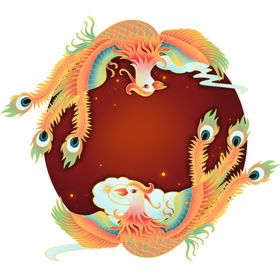 凤凰国潮插画复古图案中传统丹顶鹤品牌
