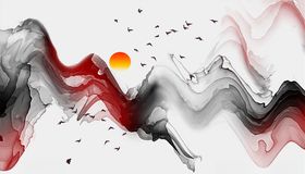 水墨画太阳大雁飘带背景墙