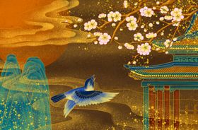 国潮古风中国风金色大气山水国画