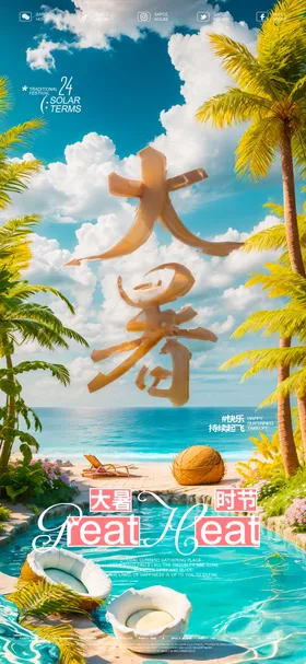 大暑节气海报夏天泳池椰树