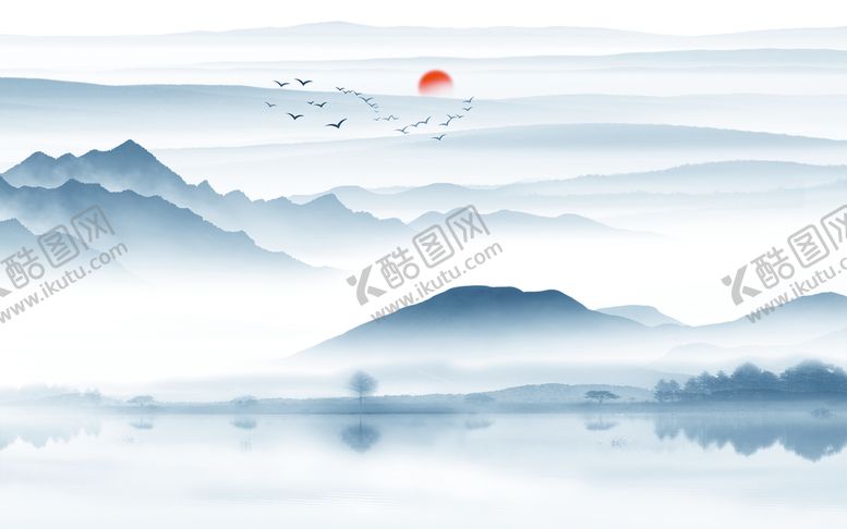 编号：64751309140455021287【酷图网】源文件下载-水墨山水背景飞鸟山峦