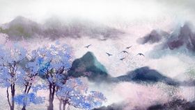 山水桃花源国风古风插画背景素材