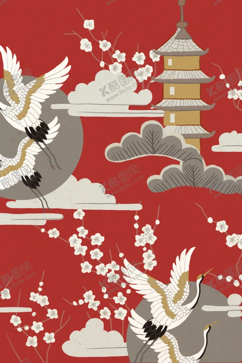 编号：86592810140956043275【酷图网】源文件下载-仙鹤国潮插画