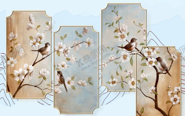 编号：50555109290151493445【酷图网】源文件下载-工笔花鸟背景墙