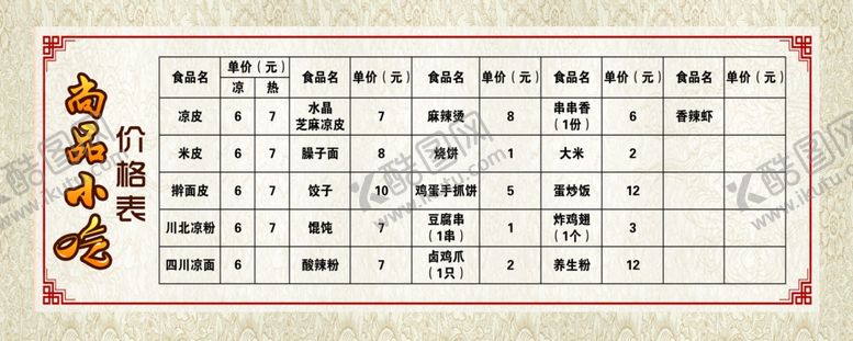编号：20942309290514382218【酷图网】源文件下载-小吃价格表