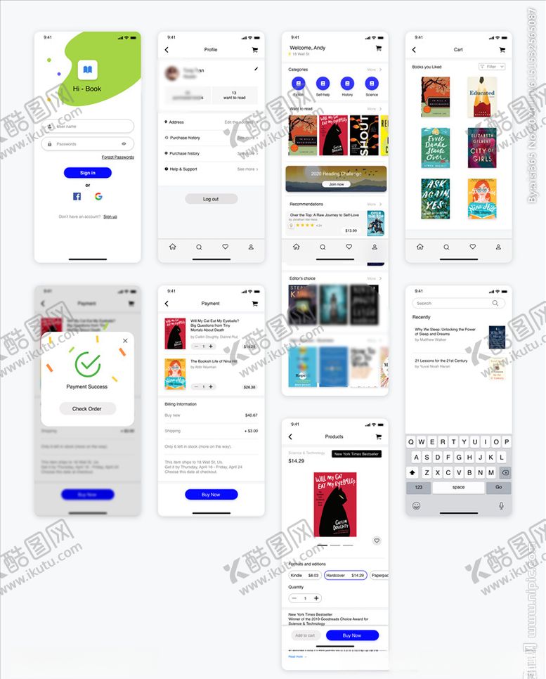 xd图书电商蓝色UI设计登录页首简洁搜索展示