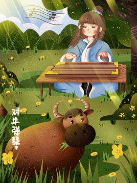 对牛弹琴成语故事插画