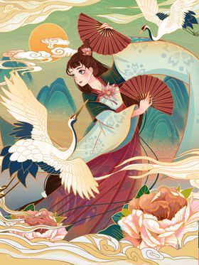 手绘古风荷花美女免抠元素