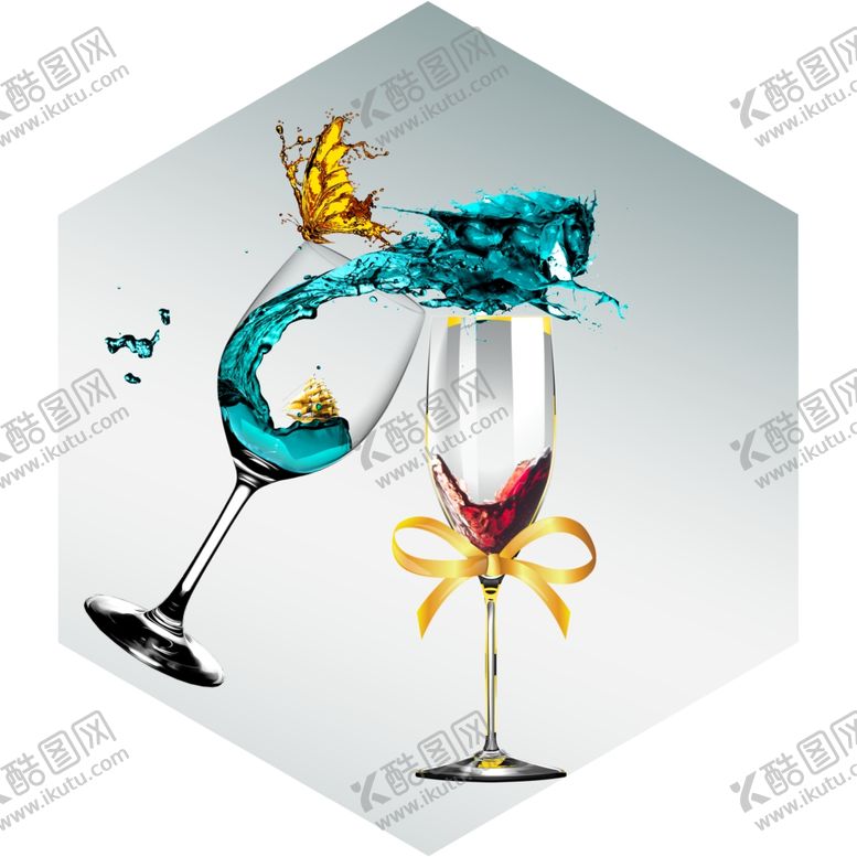 编号：18260009250726459592【酷图网】源文件下载-新中式玻璃酒杯金色蝴蝶装饰画