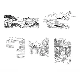 山水画矢量房屋树