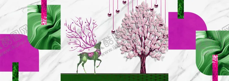 编号：11907912011029233786【酷图网】源文件下载-麋鹿水彩树三联挂画装饰画