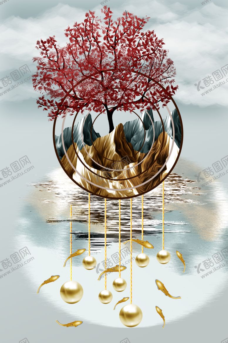 编号：25871310142044303508【酷图网】源文件下载-创意晶瓷轻奢风景发财树装饰画