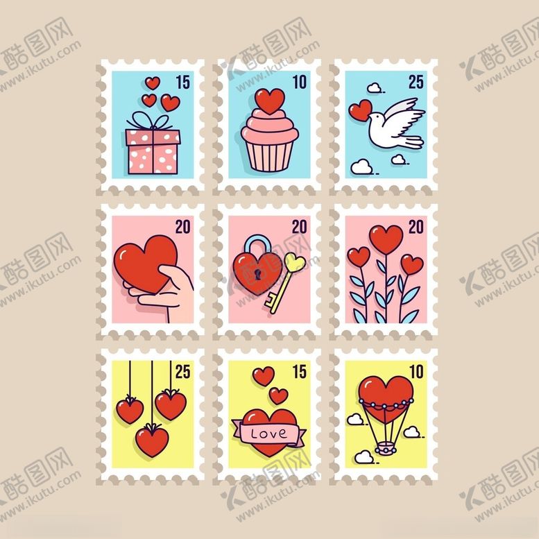 编号：15593611192341111943【酷图网】源文件下载-可爱爱心主题邮票图案