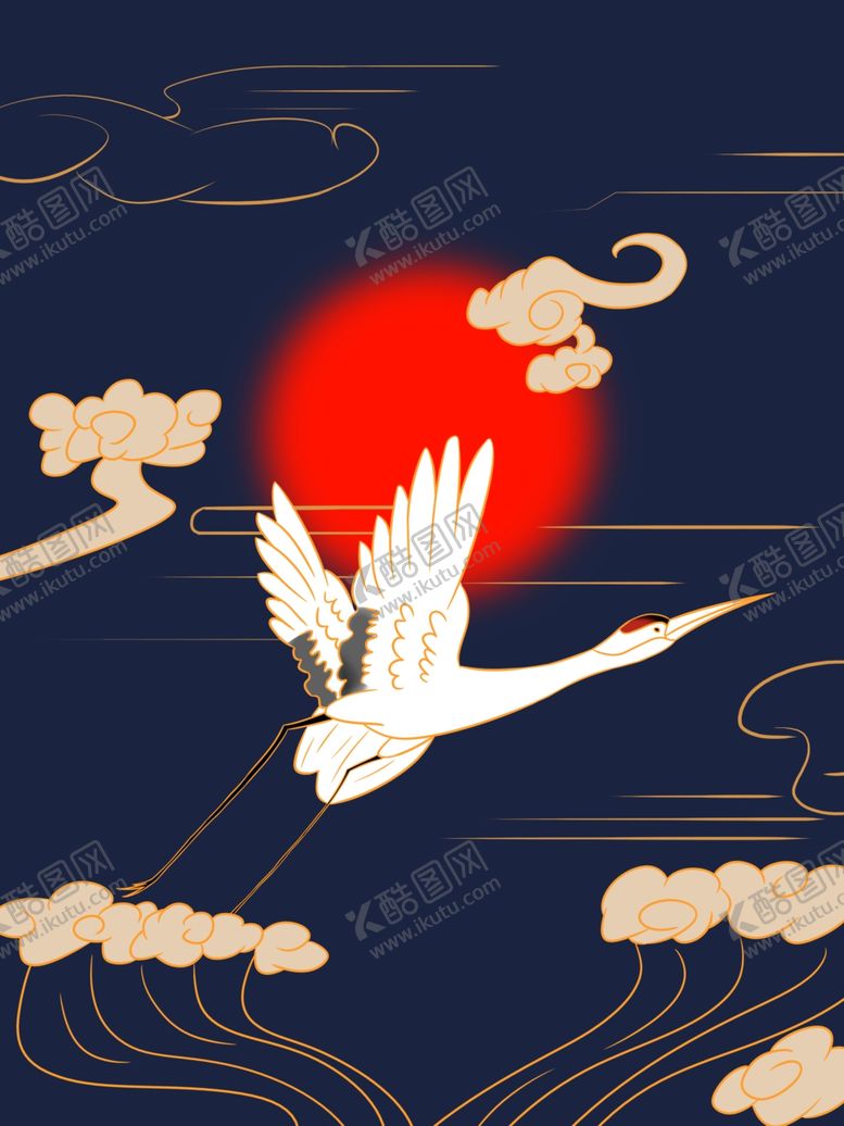 编号：39351701182019577487【酷图网】源文件下载-国潮风手绘仙鹤祥云