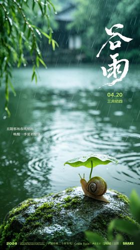 谷雨节气蜗牛躲雨趣味海报