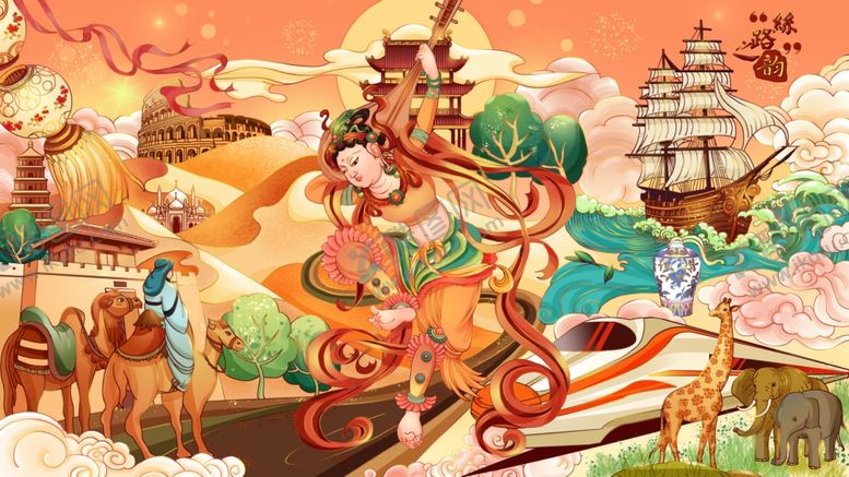 编号：33106111251157095456【酷图网】源文件下载-一带一路丝绸之路国潮旅游插画