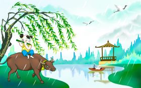 牧童骑牛赏水乡春景