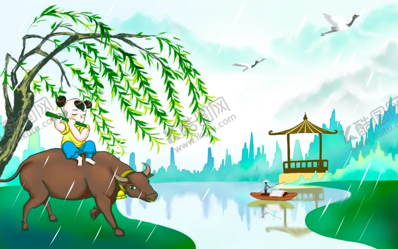 编号：32738804280102164129【酷图网】源文件下载-牧童骑牛赏水乡春景