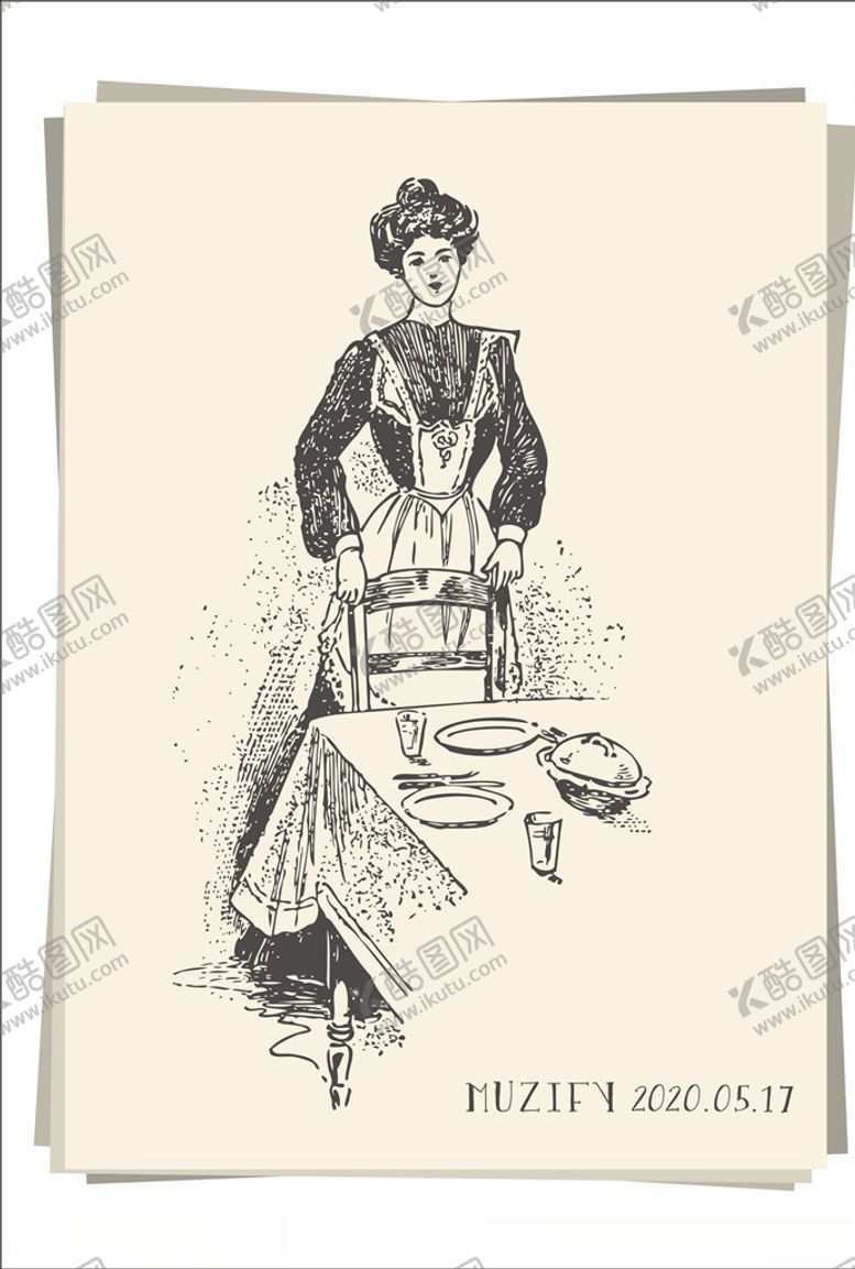 编号：41074609300136198706【酷图网】源文件下载-整理餐桌的女子人物肖像画