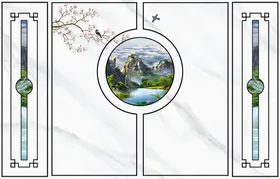新中式背景大理石纹船鸟树