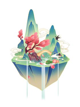 清明节国潮风微景观山水插画